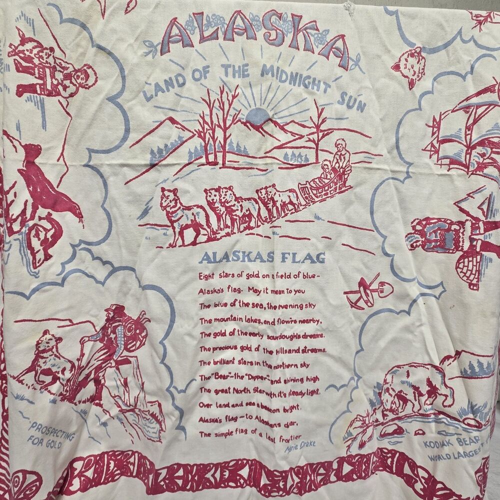 Alaska Eskimo Screen Print Souvenir Table Cover Vintage Marie Drake 1950s Linen